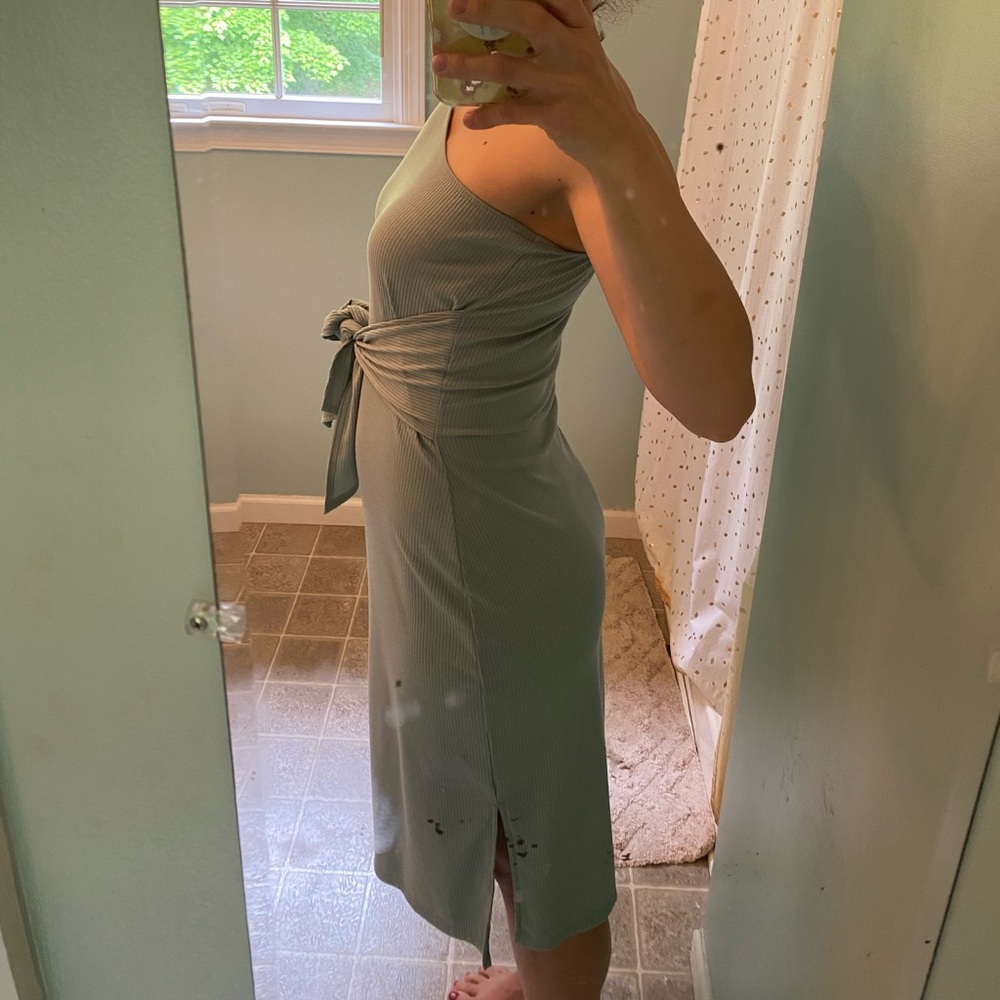 Magnolia Boutique ribbed one shoulder midi dress sage green